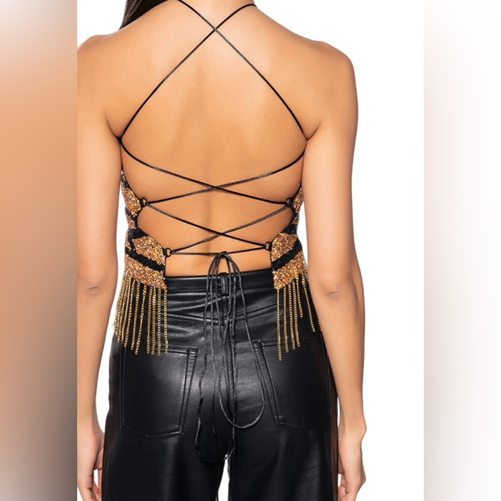 AKIRA Chain Detail Gold and Black Butterfly Beaded Strappy Top Size M / L - Picture 3 of 4